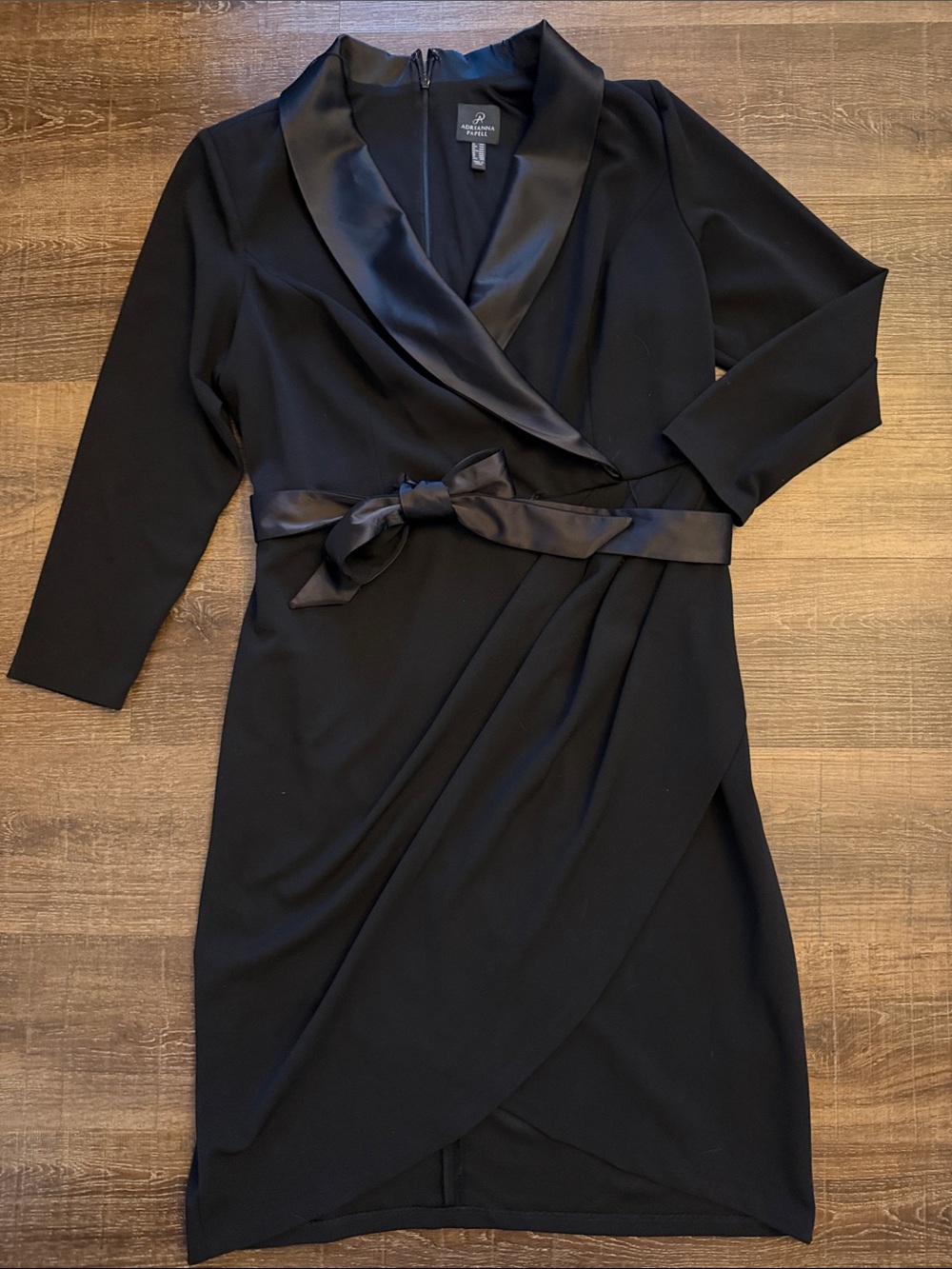 Adrianna Papell Black Satin-Trim Wrap Dress
